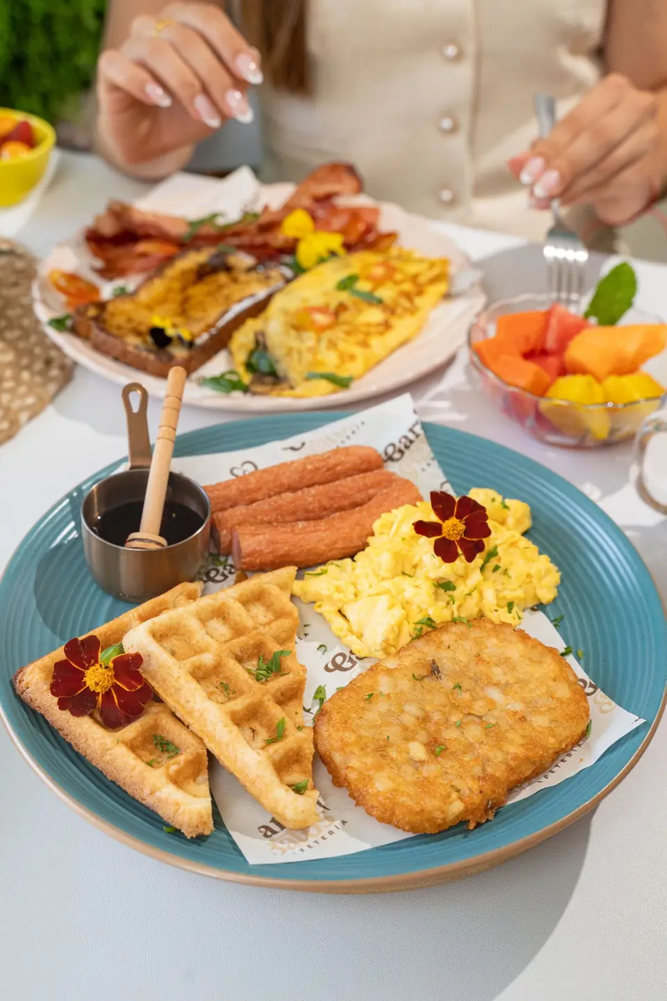American breakfast with waffle and sausages