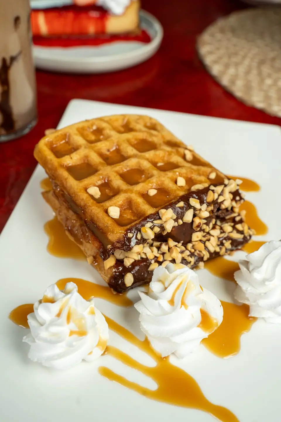 Waffle with caramel and cream